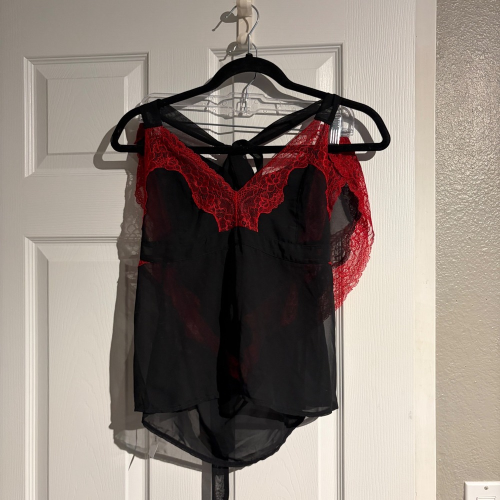 Adore Me Lingerie Set Black Red Lace Sheer Babydoll Top Tap Shorts Large